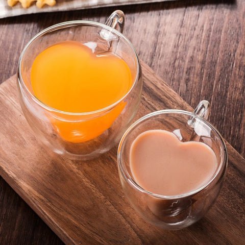 Xícara Coração de Vidro e Parede Dupla em Formato de Coração - Kits com 02, 04 ou 06 Xícaras Eletroflix