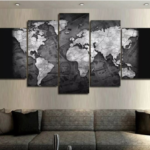 Quadro 5 Peças Mosaico Mapa Mundi Preto E Branco 4k Mdf6mm