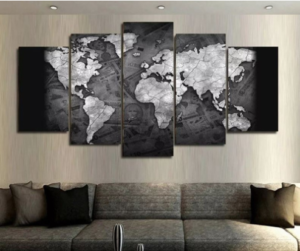 Quadro 5 Peças Mosaico Mapa Mundi Preto E Branco 4k Mdf6mm