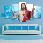 Painel Quadro Mosaico 5 Partes Jesus Cristo Coraçao 6mm Hd