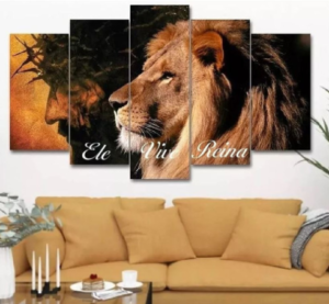 Quadro Decorativo Jesus Leao De Juda Ele Vive Reina C/ Frase