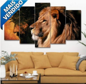 Quadro Jesus Leao De Juda Hd 5 Peças Mosaico Mdf 6mm Top